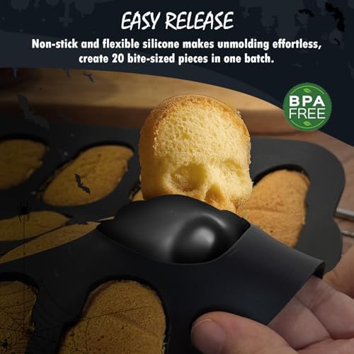 HKNMTT Skull Silicone Molds for Halloween Baking Pizza Cake Pan Small Spooky Head Tray Reusable Food Grade Nonstick Bakeware for Oven Safe Horror Treats 6 Cavity Skeleton Mould