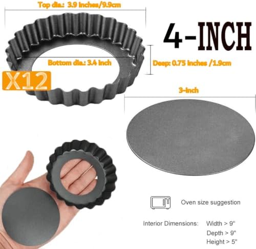 DATANYA 12Packs Mini Tart Pans 4 Inch Tart Pan Removable Bottom Round Nonstick Quiche Pan, Heavy Duty Fluted Side for Pies, Mousse Cakes, Dessert Baking