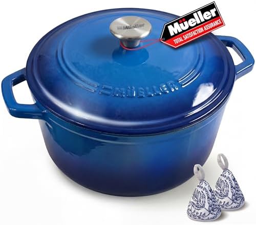 Mueller 6qt Enameled Cast Iron Dutch Oven, Heavy-Duty Casserole and Braiser Pan with Lid and Knob, Safe for All Cooktops, Aqua Blue