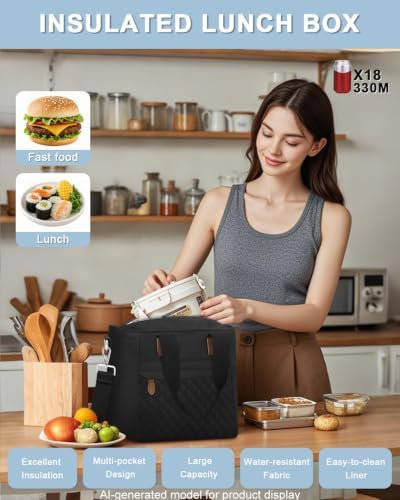 Capolo Lunch Bag for Women,Small Insulated Lunchbox Tote Reusable,M-Black