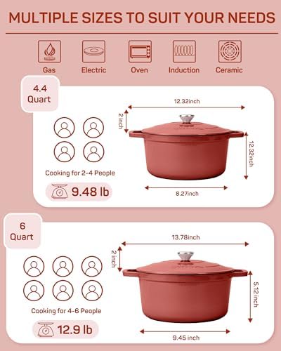 Ciwete Enameled Cast Iron Dutch Oven Pot, 6 Quart, Red