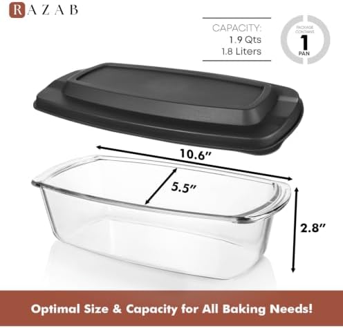 Razab 7.6 Cups / 1800 Ml / 1.9 Qt Large Glass Loaf Pan with Lids for Baking