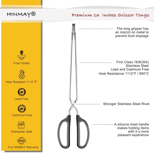HINMAY Scissor Tongs 16" Extra Long Stainless Steel Barbecue Grilling Tongs