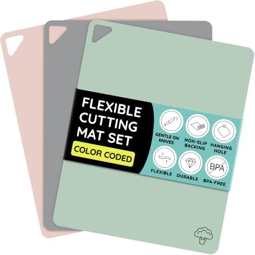 Flexible Plastic Cutting Board Set of 3 - Non-Slip, BPA-Free, Color-Coded Chopping Mats for Meat, Veggies & Fruit, 15" x 12", Hand Wash