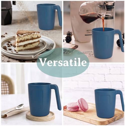 Wrova 16oz Wheat Straw Cups with handles set of 6-Plastic Cups Reusable-Unbreakable Kids Mugs-Dishwasher Safe & Microwave Safe-Ideal Plastic Mugs for Tea,Coffee,Camping,RV-Navy Blue
