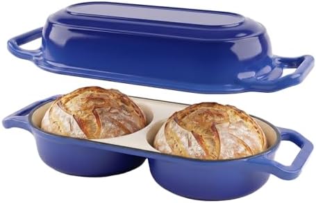 Double Dutch Oven Pot with Lid, 2.2QT Enameled Cast Iron Bread Loaf Pan, Mini Dutch Oven For Sourdough Bread Baking, 500°F Oven Safe Non Stick Dual Round Bread Pan, Bread Oven, 16.5cm Diameter, Blue