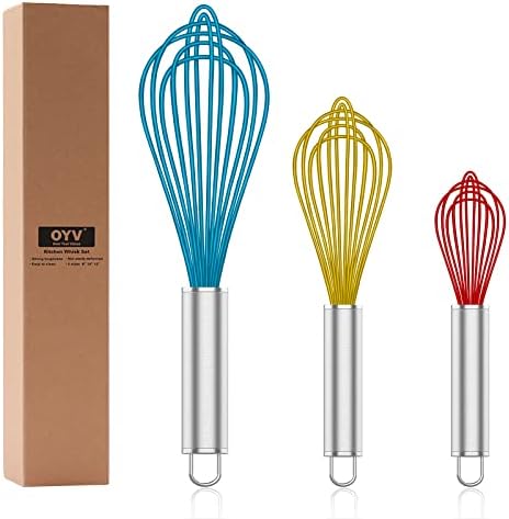 OYV Whisk,Sturdy Stainless Steel Wires Coated in Professional Silicone,3 Pack Whisks for Cooking,Mini Whisk,Colored Balloon Egg Beater for Blending,Whisking,Beating,Stirring,Cooking,Baking (Multi)