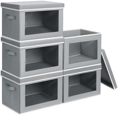Homsorout Stackable Storage Bins with Lids - Medium Storage Box with Lids, Foldable Closet Boxes for Organizing, Wardrobe Clothes Organizer with Window, Cubes Bins for Living Room, 5 Pack, Grey