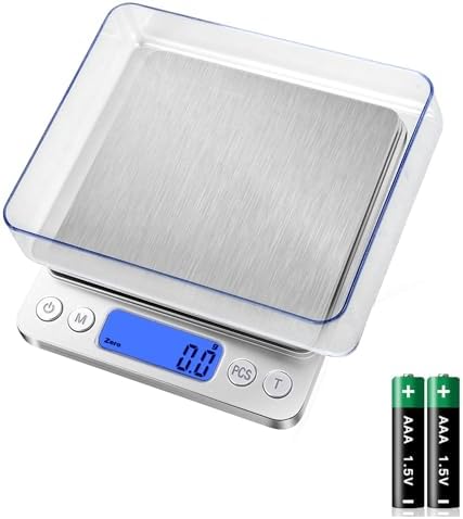 Digital Food Kitchen Scale, 3000g/0.1g High Accuracy Mini Pocket Scale Measures in Grams and oz for Cooking, Baking, Jewelry, Tare Function,2 Trays, LCD Display (Batteries Included)