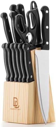 BAMBOO LAND- Kitchen Knife Set, 14 pcs, Stainless Steel Knife Set with Block and Sharpener