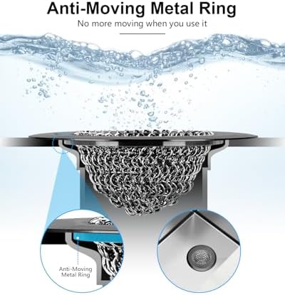 Upgraded Sink Drain Strainer, Patented Reversible Chain Mail Mesh, Black