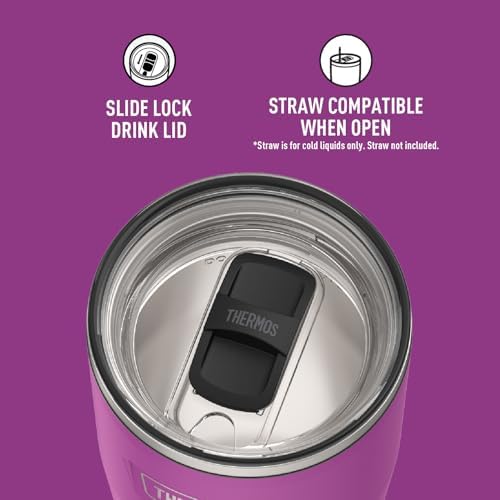 THERMOS Icon Series 24oz Stainless Steel Tumbler with Slide Lock Lid, Leakproof, Fits Cupholder, Dishwasher Safe, Griptec™ Non‑Slip Base, Keeps Drinks Hot 6 Hrs/Cold 22 Hrs, Plum
