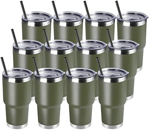 DOMICARE 30 oz Tumbler with Lid and Straw, Stainless Steel Tumblers Bulk, Insulated Vacuum Double Wall Travel Coffee Mug, Durable Powder Coated Tumbler Cups (Army Green, 12)