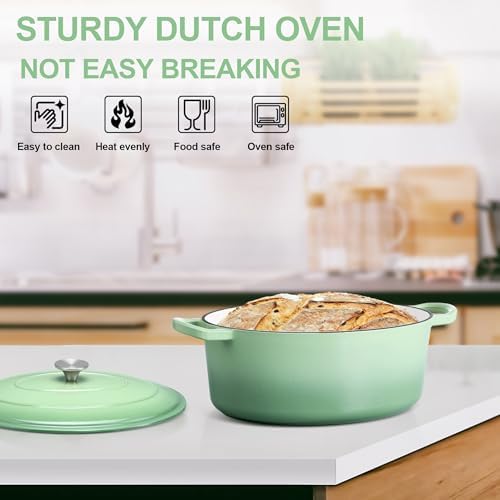 E-far 5QT Oval Dutch Oven Pot with Lid, Green Enameled Cast Iron Dutch Oven