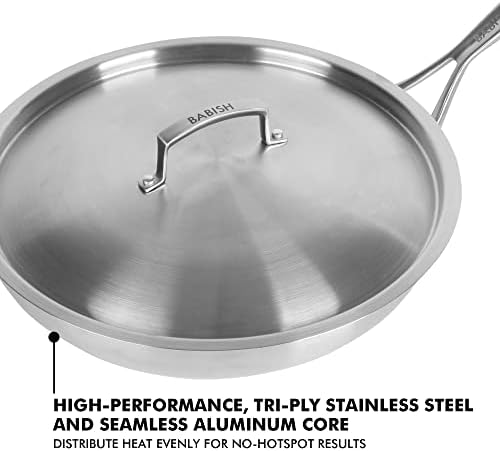 Babish 12-Inch Tri-Ply Stainless Steel Frying Pan with Lid – Professional Grade Skillet for Searing, Sautéing & Even Heat Cooking