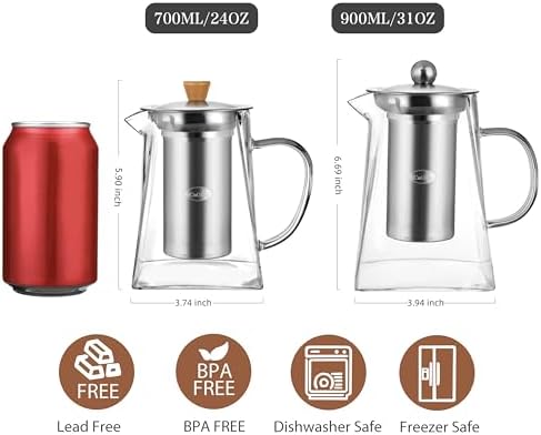 CNGLASS Glass Teapot with Infuser,24oz Clear Glass Tea Kettle with Removable Stainless Steel Strainer,Stovetop Safe Glass Teapot for Blooming and Loose Leaf Tea…