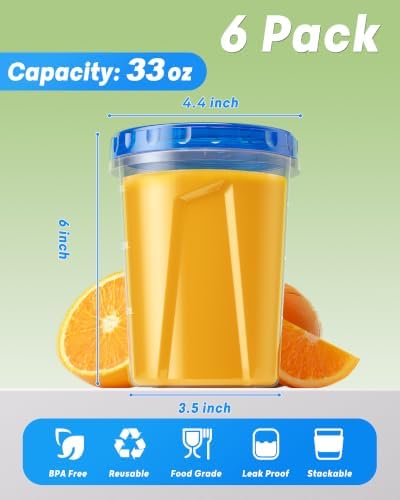 BiuLeon 6 Pack-33oz Freezer Storage Containers, Plastic Food Storage Containers with Twist Top Lids, BPA Free and Reusable Soup Containers with Lid, Microwave and Dishwasher Safe