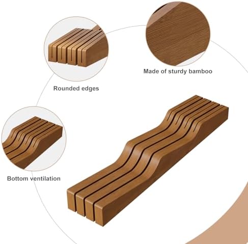 In-Drawer Knife Block Organizer - Bamboo Wood Drawer Knife Organizer-Protecting Knife Organizer Block (Not Included) (Brown, 7 Knives Dock)