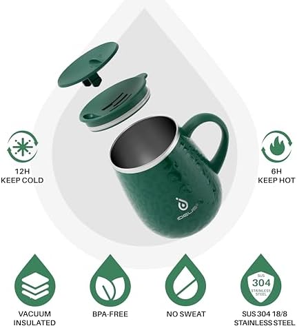 Ideus 16 oz Insulated Coffee Mug with Lid and Handle (Leopard Green)