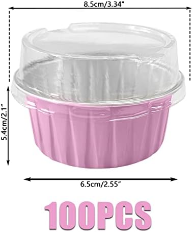 100Pcs Aluminum Cups with Lids,5oz Disposable Ramekin Baking Cups Muffin Liners Mini Pie Pans Foil Cupcake Containers for Christmas Party Wedding,Pink