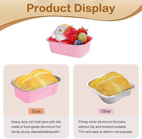Mini Cake Pans With Lids And Spoons,5.5 oz Rectangle Mini individual Loaf Pans Disposable Aluminum Foil Small Baking Cups Tins (200, Pink)