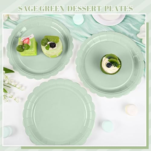NatNarr 30 Pcs Sage Green Paper Plates 9 Inch Disposable Scalloped Wedding Plates Cute Dessert Cake Plate Party Dinner Plate for Bridal Baby Shower Engagement Reception Birthday (Pack of 3)