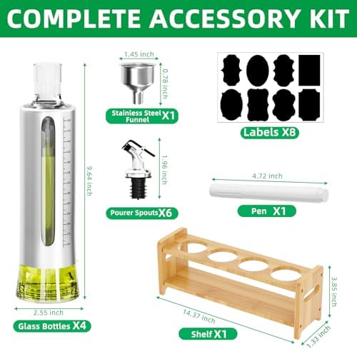 SINYWAY Oil Dispenser Bottle, 4 Pack Glass Olive Oil Dispenser Bottle with Shelf, 17oz/500 ml Oil and Vinegar Dispenser Set Wrapped in Stainless Steel Shell with Pourers, Funnel & Pen and Tags