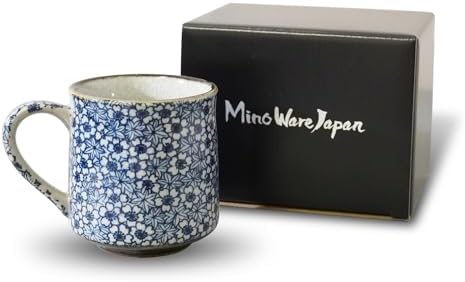 Nostalgic Mino Ware Ceramic Sometsuke Small Mug Cup - Japanese Crafted, Floral Pattern, Comfort Grip Handle, For Coffee and Green Tea or Soup, Matcha Tea, Gift Box Included (Kyokomon)