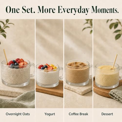JBHO Vintage Glass 14OZ Coffee Mugs 4pcs Clear Embossed Glass Cups with Bamboo Lids and Spoons Gifts for Women Overnight Containers for Tea,Cereal,Cappuccino, Latte