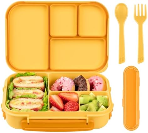 Amathley Lunch Box Kids,Bento Box Adult,Leakproof Lunch Containers for Adults/Kids/Toddler,1200ML-4 Compartments bento Lunch box with Utensil,Microwave & Dishwasher & Freezer Safe (Yellow)
