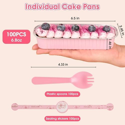 100 Pack Mini Cake Pans with Lids and Spoons, Disposable Aluminum Foil Cake Tins（6.8oz） Individual Small Cake Baking Containers for Party, Wedding, Birthday