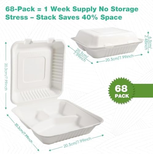 8x8 Inch 68 Pack 3-Compartment Clamshell Take Out Food Containers, Compostable Disposable Paper To Go Boxes with Lids, Heavy Duty Sugarcane Bagasse Containers for Meals & Sides, White