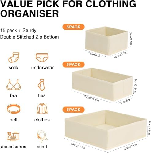 Drawer Organizer Clothes, Nursery Dresser & Closet Storage, Beige, 15 Pack