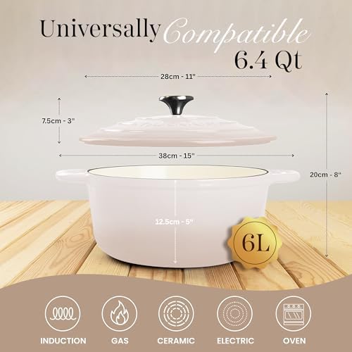 Nuovva Enamelled Cast Iron Dutch Oven Pot with Lid 6.4 Quart Non Stick Casserole Pot-Heavy Duty & Oven Safe up to 500° F for Bread Baking, Braising, Stews, Roasting - 28cm Oyster