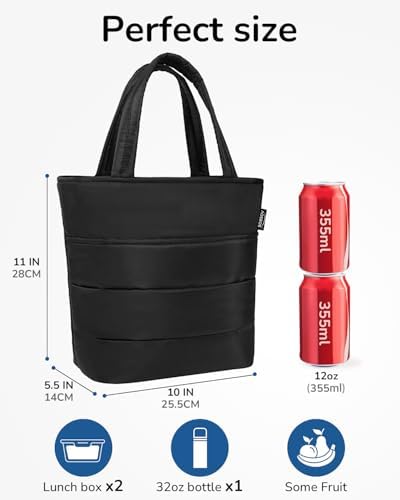 Aosbos Black Lunch Tote Bag,Insulated Lunch Bag For Women,Work,Office