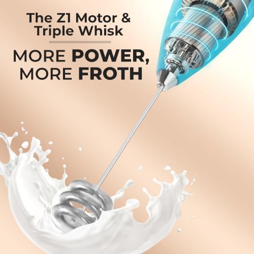 Zulay Kitchen Powerful Milk Frother Wand With Duracell Batteries - Ultra Fast Handheld Drink Mixer - Electric Whisk Foam Maker for Coffee, Lattes, Cappuccino & Matcha - Triple Whisk - Pacific Blue