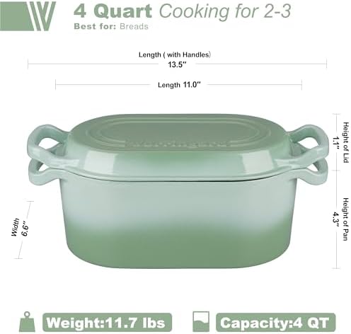 VORRINGARD Oval Dutch Oven Pot with Lid, Enamel Coating Cast Iron Bread Pans for Homemade Sourdough Bread Baking, Cooking, 4 Quart, Green
