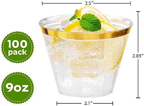 I00000 Heavy Duty Plastic Cups, 9 oz, Gold Rimmed, Clear, 100 Count, BPA Free, Disposable, for Party & Wedding