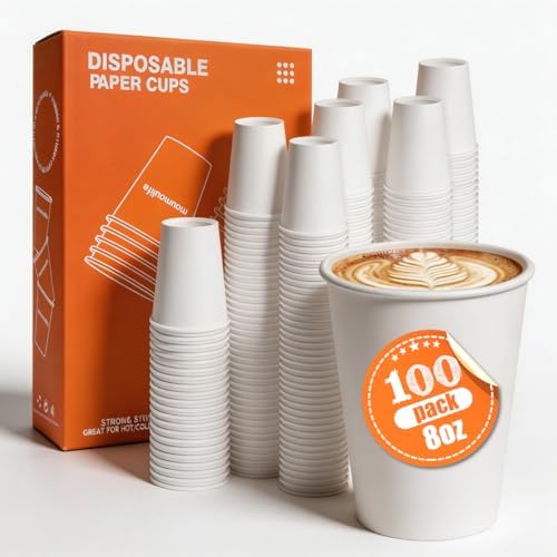 MOUMOULIFE Disposable Paper Coffee Cups 8 oz 100 Count, Leak-Proof White Hot/Cold Paper Cups for Coffee, Tea, Water, Ideal for Kids, Office, Party, School, Home