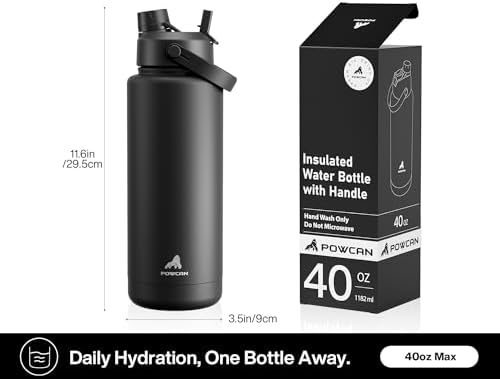 POWCAN 40 oz Insulated Water Bottle with 2-in-1 Straw and Spout Lid, Keep Cold 24H, Leak-Proof, BPA-Free, Double Wall Stainless Steel Water Bottle for Sports, Gym, Travel, and School (Dark Knight)