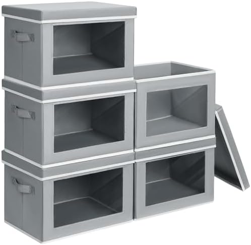 Homsorout Stackable Storage Bins with Lids - Large Decorative Basket with Lids, Fabric Foldable Closet Organizer Bins, Shelf Organizer for Living Room, Dorm, 5 Pack, Grey