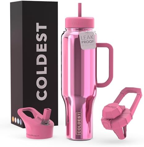Coldest Tumbler with Handle and Straw - 100% Spill Proof Tumbler with Straw (3 Lids) - Stainless Steel Insulated Leakproof Tumblers for Women & Men - 46 oz (Pink Reflections)