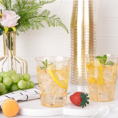 I00000 60 Pcs Gold Plastic Cups, 10 oz Hard Gold Glitter Disposable Cups
