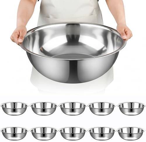 10 Pcs Stainless Steel Mixing Bowls Metal Mixing Bowls Extra Large Basin Salad Bowl with Deeper Edge, Dishwasher Safe, Mirror Finish for Home and Commercial, Silver (13 Inch 7 Qt)