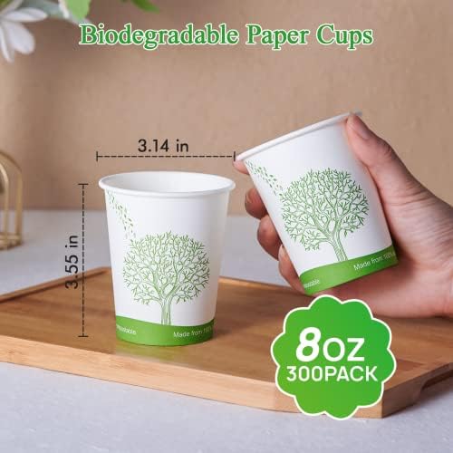 ECOLipak 300 Count 8 oz Compostable Paper Cups, Disposable Paper Coffee Cup