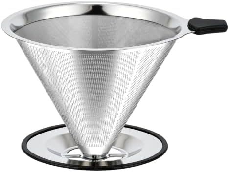 Large Size Pour Over Coffee Dripper, Stainless Steel Coffee Filter, Paperless Reusable Coffee Filter, Double Micromesh 600 Mesh Strainer Coffee Maker with Heat-Resistant Silicone Handle & Base