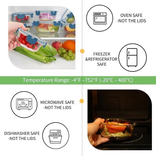 18 Piece Glass Food Storage Containers with Snap Locking Lids for Meal Prep