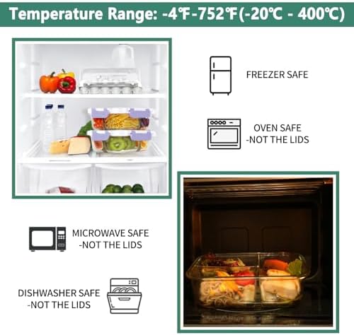 8 Pack 36oz Borosilicate Glass Meal Prep Containers 3 Compartment with Lids