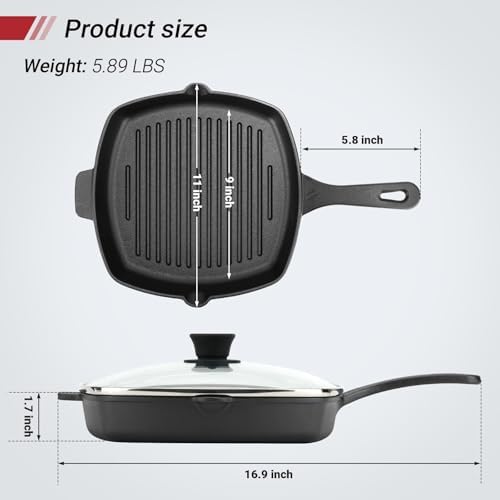 Northriver Casting 10.5 Inch Cast Iron Square Grill Pan with Tempered Glass Lid, Heavy Steak & Bacon Pans for Stove Tops
