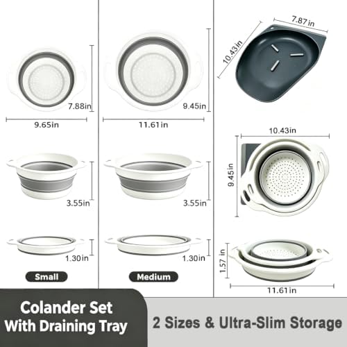 AUOON Collapsible Colander Set (3QT + 4QT) with Draining Base, White+Gray